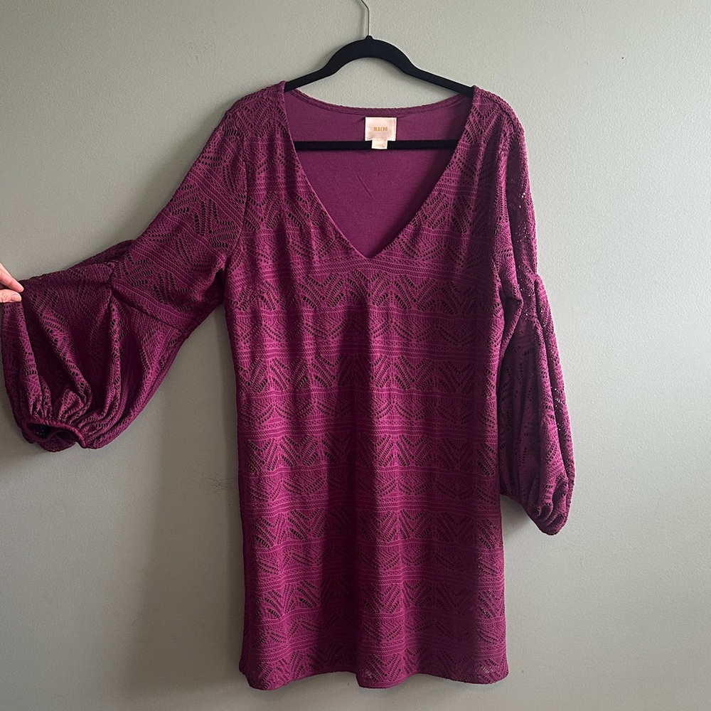 Anthropologie Maeve Plum V-Neck Textured Dress with Balloon Sleeves